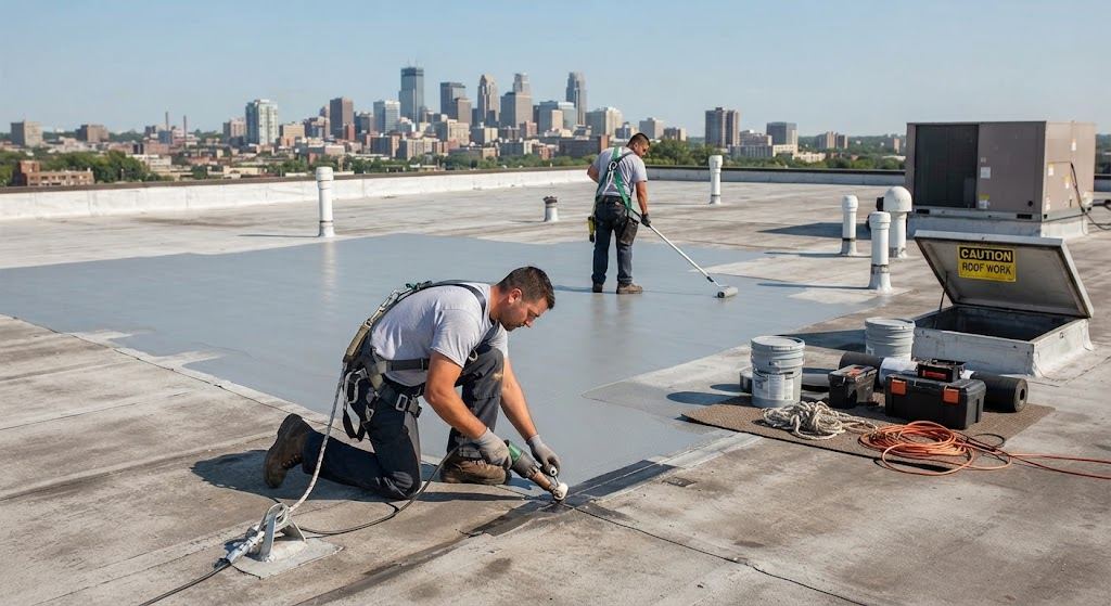 Apex Roofing Solutions crew applying a flat roof coating