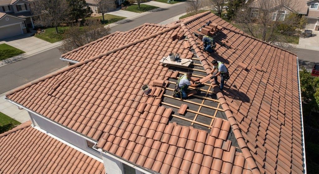 Apex Roofing Solutions crew repairing a clay tile roof